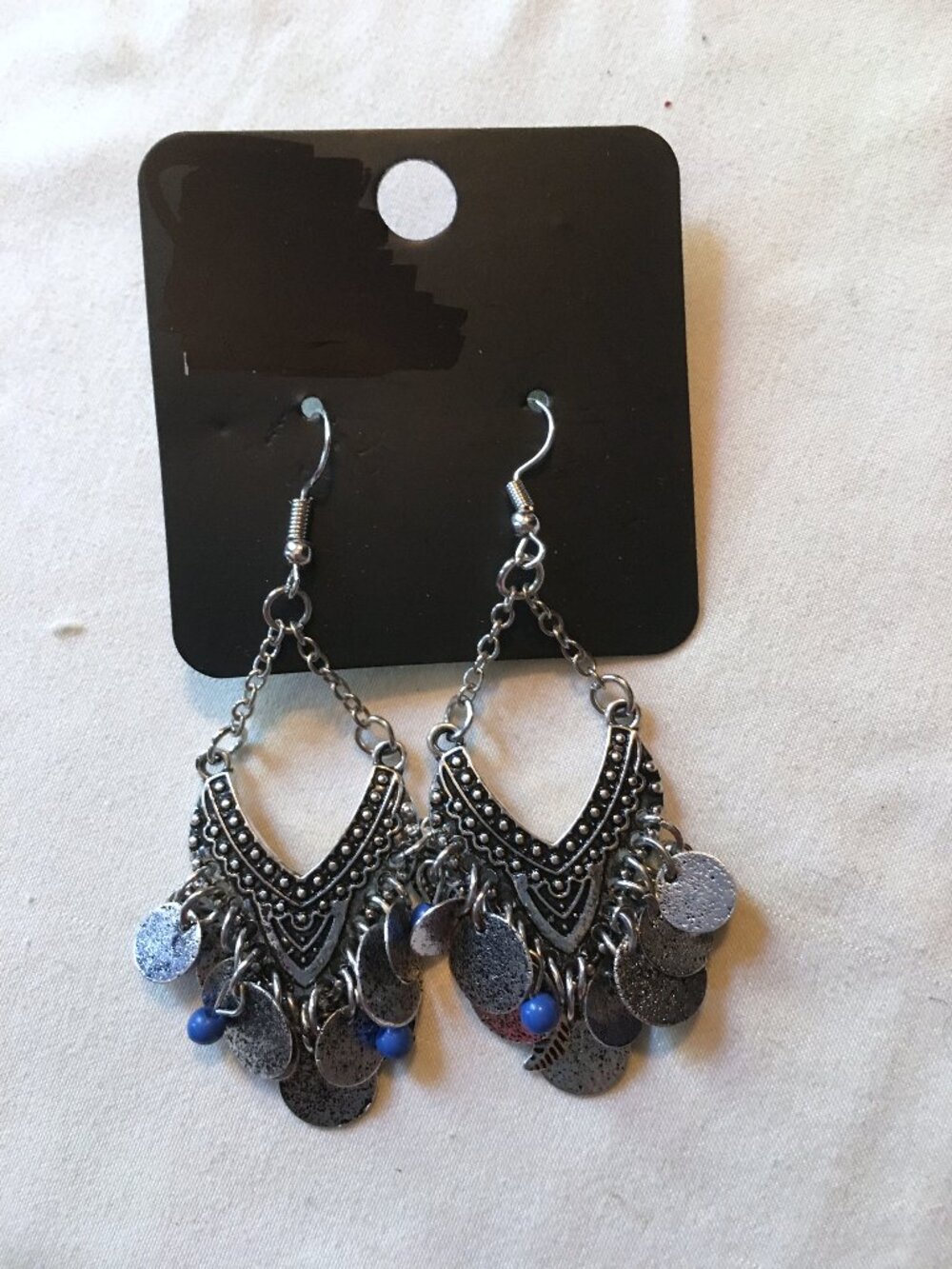 Boho Silver Chandelier Dangle Earrings w/coin charms and blue beads